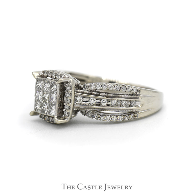 Invisiset Princess Cut Diamond Cluster Ring with Diamond Halo and Accented Split Sides in 10k White Gold