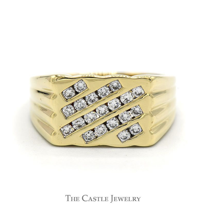 Diagonally Channel Set Diamond Cluster Ring with Ridged Sides in 10k Yellow Gold