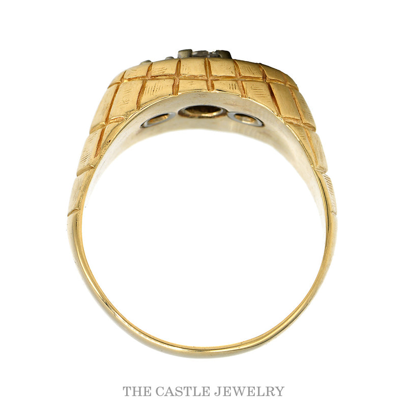 Front-facing view of the three stone diamond carved dome ring in 10k yellow gold