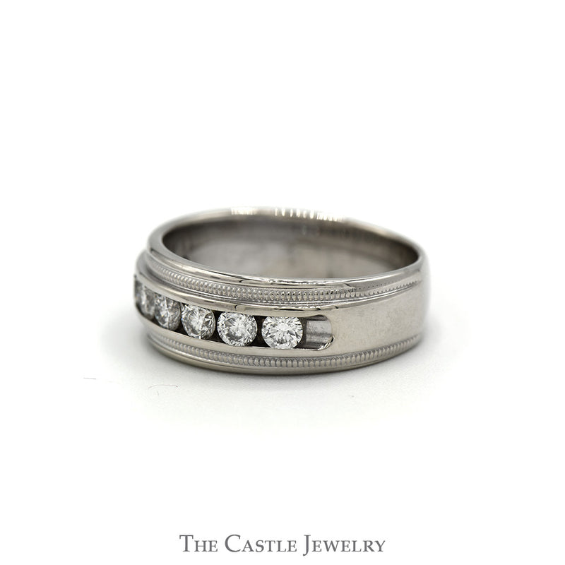Men's Channel Set 8 Diamond Wedding Band with Milgrain Detail in 14k White Gold