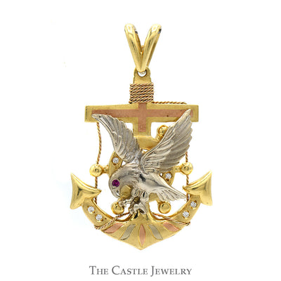 Tri-Tone Eagle & Anchor Pendant with Ruby Eye and Cubic Zirconia Accents in 14k White, Yellow & Rose Gold