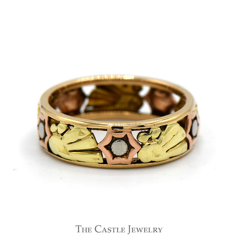 Tri-Tone Open Designed Band in 14k White, Yellow & Rose Gold