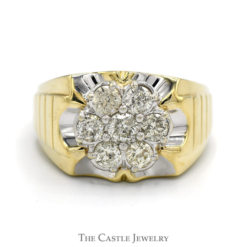 1.5cttw Round 7 Diamond Cluster Ring with Grooved Sides in 10k Yellow Gold