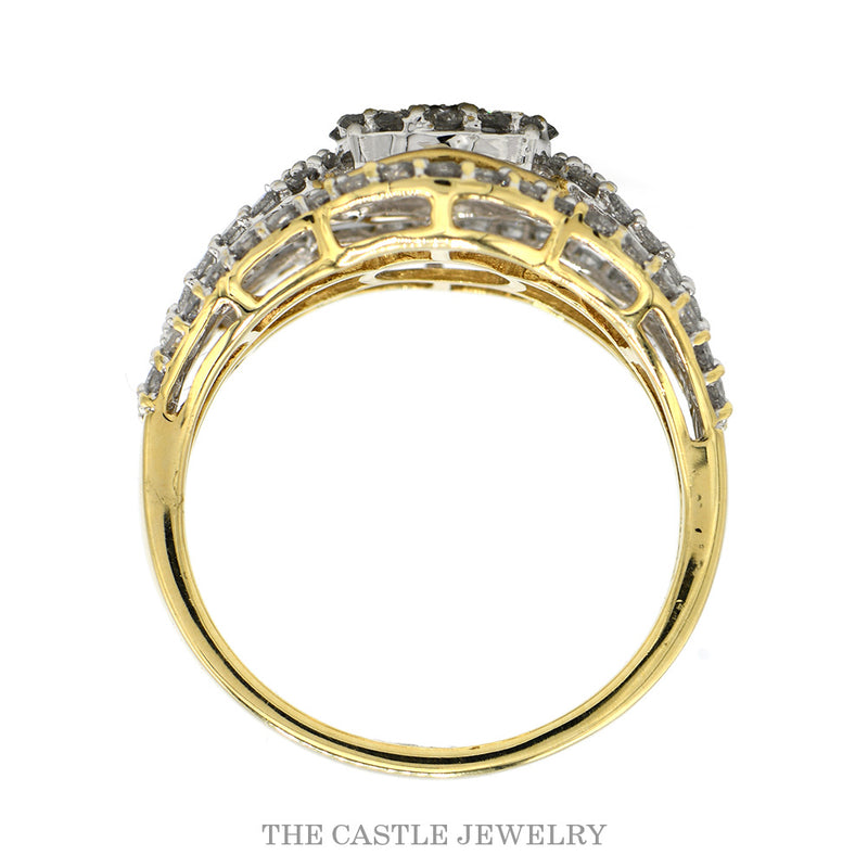 1.5cttw Round Shaped Diamond Cluster Bridal Ring with Diamond Accents in 10k Yellow Gold
