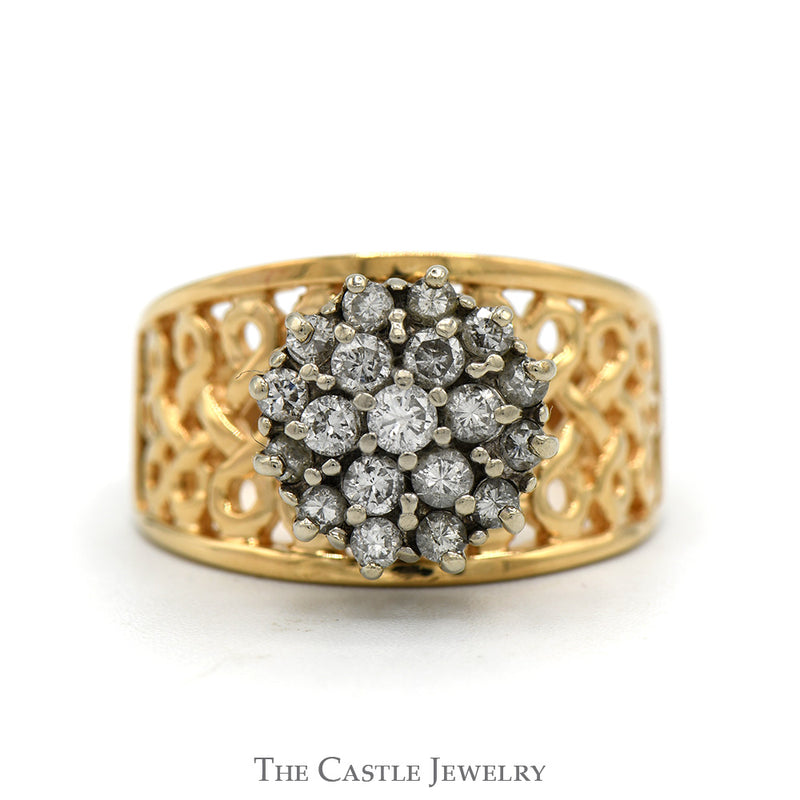 Round Shaped 3/4cttw Diamond Cluster Ring with Open Lattice Sides in 14k Yellow Gold