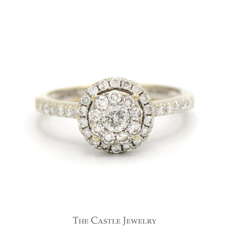 Round Diamond Cluster Engagement Ring with Diamond Halo & Accented Sides in 14k White Gold