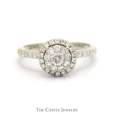 Round Diamond Cluster Engagement Ring with Diamond Halo & Accented Sides in 14k White Gold