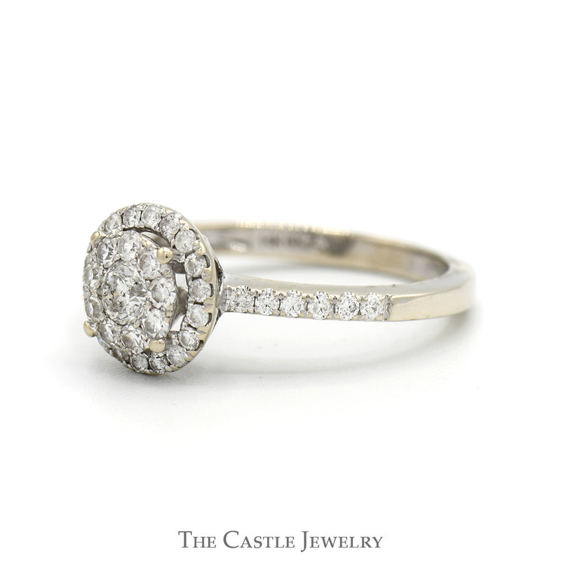 Round Diamond Cluster Engagement Ring with Diamond Halo & Accented Sides in 14k White Gold
