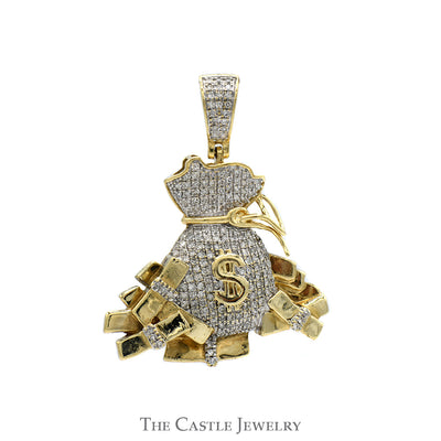 1cttw Pave Set Diamond Cluster Money Bag with "$" Pendant in 10k Yellow Gold