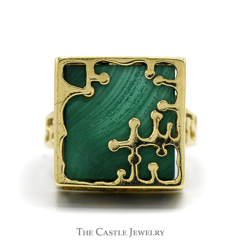 Cube Malachite Ring with Open Ornate Mounting in 14k Yellow Gold