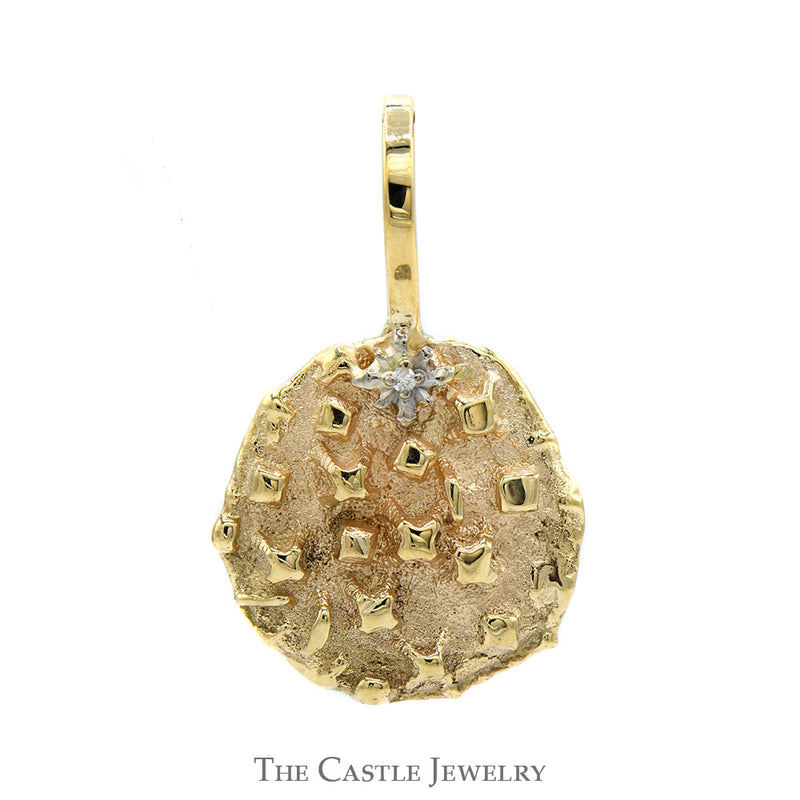 Round Shaped Textured Nugget Style Pendant with Diamond Accent in 10k Yellow Gold