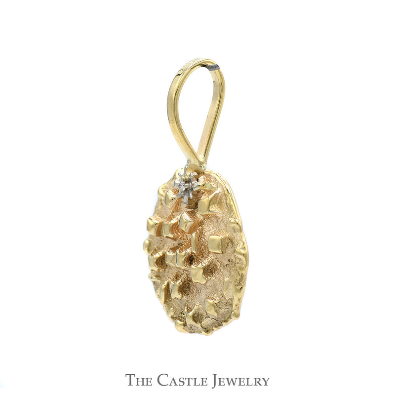 Round Shaped Textured Nugget Style Pendant with Diamond Accent in 10k Yellow Gold