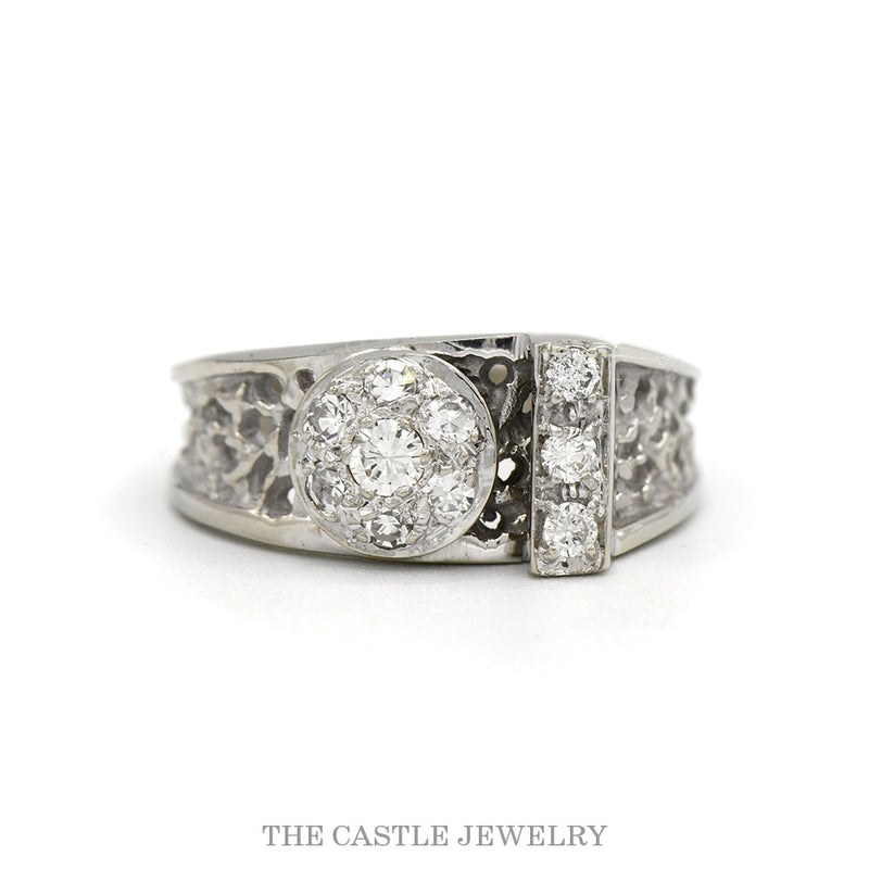Round Diamond Cluster Ring with Diamond Accents in Open Concaved Sides in 14k White Gold