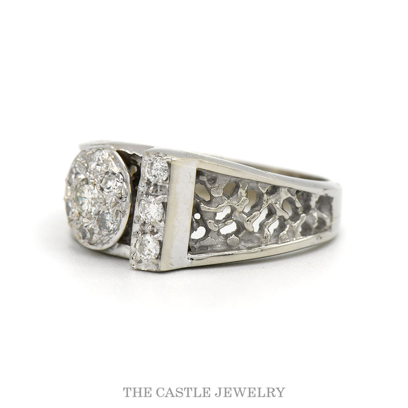 Round Diamond Cluster Ring with Diamond Accents in Open Concaved Sides in 14k White Gold