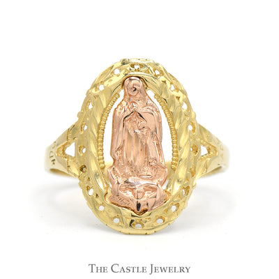 Two Toned Mother Mary Ring with Intricate Detail in 14k Rose & Yellow Gold