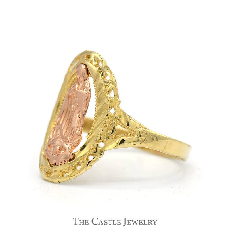 Two Toned Mother Mary Ring with Intricate Detail in 14k Rose & Yellow Gold