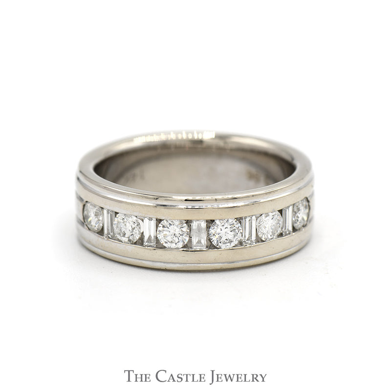 Alternating Round & Baguette Cut Diamond Men's Wedding Band in 14k White Gold