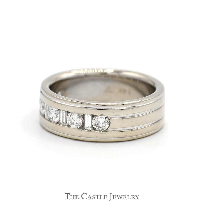 Alternating Round & Baguette Cut Diamond Men's Wedding Band in 14k White Gold
