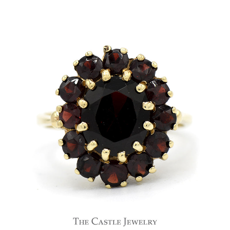Oval Garnet Ring with Round Garnet Halo in 10k Yellow Gold