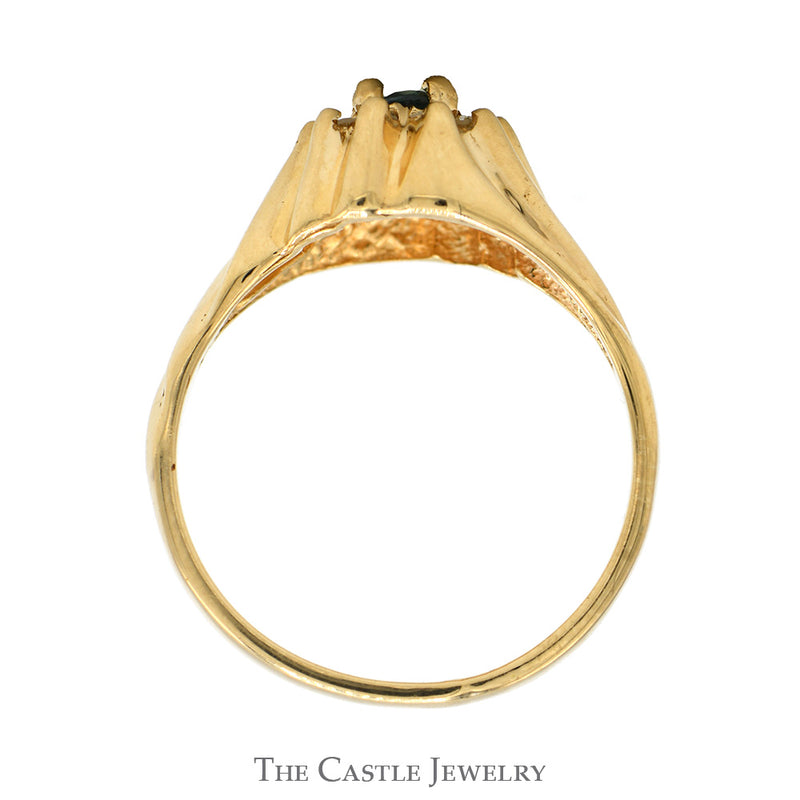 Oval Cut Emerald Ring with Round Diamond Halo and Swirled Ridged Sides in 14k Yellow Gold