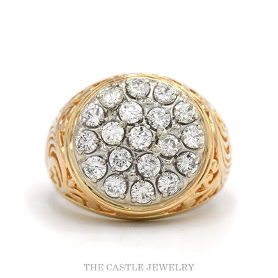 2cttw Round Diamond Kentucky Cluster Ring with Open Filigree Sides in 14k Yellow Gold