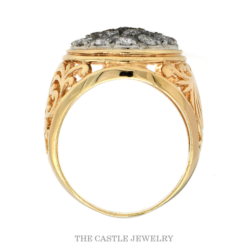 2cttw Round Diamond Kentucky Cluster Ring with Open Filigree Sides in 14k Yellow Gold
