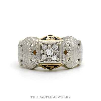 Diamond Cluster Masonic Ring with Double Eagle Sides in 10k White & Yellow Gold