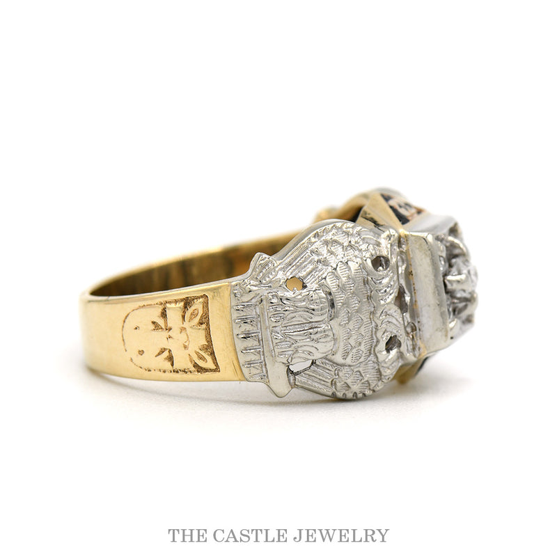 Diamond Cluster Masonic Ring with Double Eagle Sides in 10k White & Yellow Gold