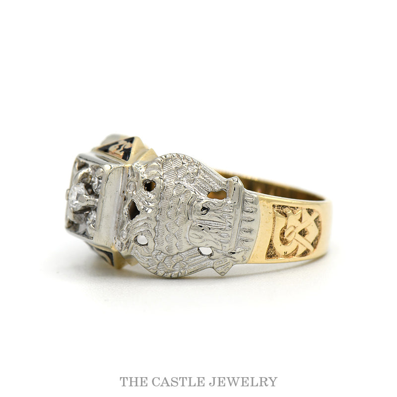Diamond Cluster Masonic Ring with Double Eagle Sides in 10k White & Yellow Gold