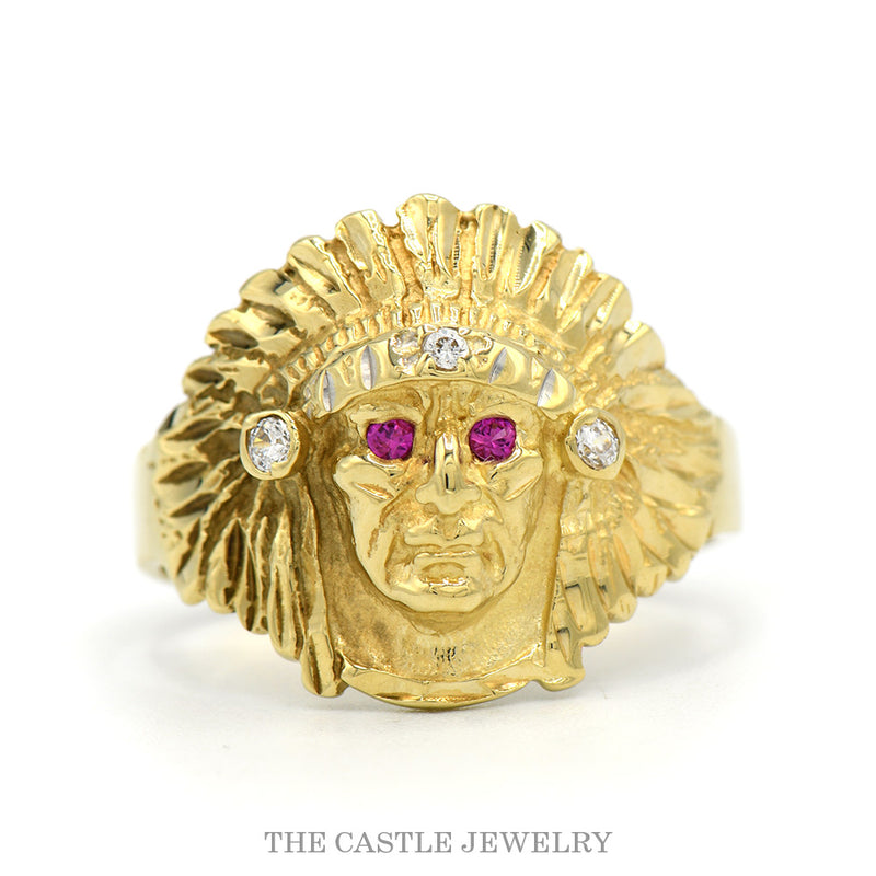 14k yellow gold men's Indian chief head ring — top view