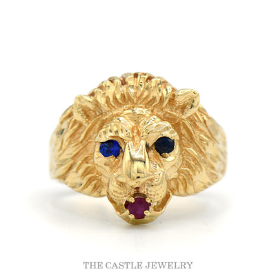 10k yellow gold men's lion head ring with sapphire eyes and ruby mouth — top view