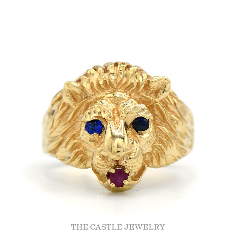 10k yellow gold men's lion head ring with sapphire eyes and ruby mouth — top view