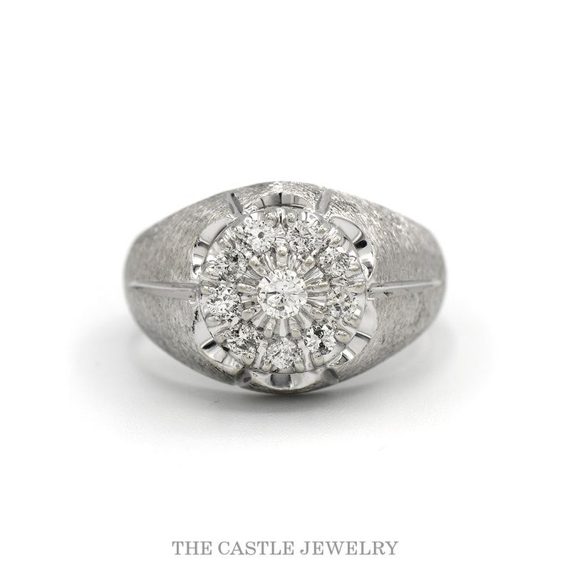 Men's 1/2cttw 9 diamond cluster ring with brushed dome sides in 14k white gold — top view