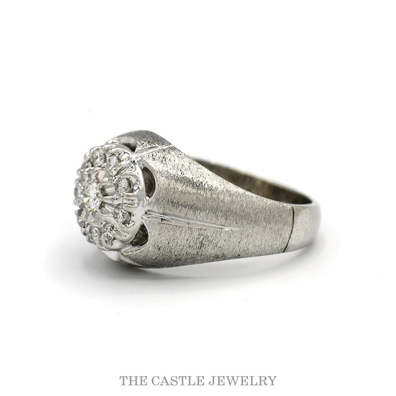 Side profile of the men's diamond cluster ring showing the brushed dome and polished grooves