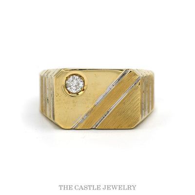 Men's .12ct diamond ring with brushed diagonal stripes in 14k yellow gold — top view