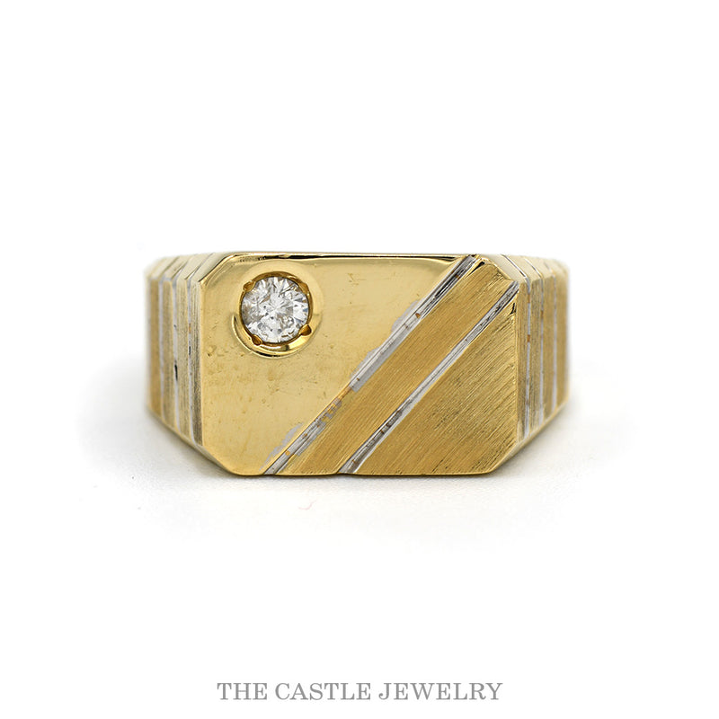 Men's .12ct diamond ring with brushed diagonal stripes in 14k yellow gold — top view