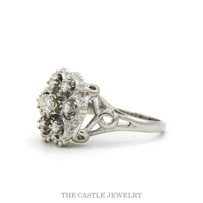 Side profile of the 14k white gold floral diamond cluster