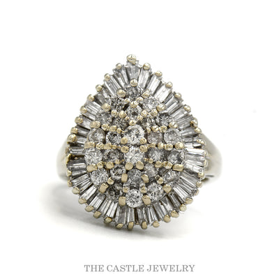 14k white gold pear shaped diamond ballerina ring with baguette skirt — top view