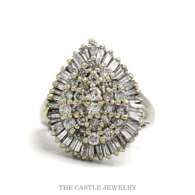14k white gold pear shaped diamond ballerina ring with baguette skirt — top view