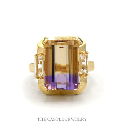 Emerald cut ametrine ring with baguette cubic zirconia sides in 14k yellow gold — top view
