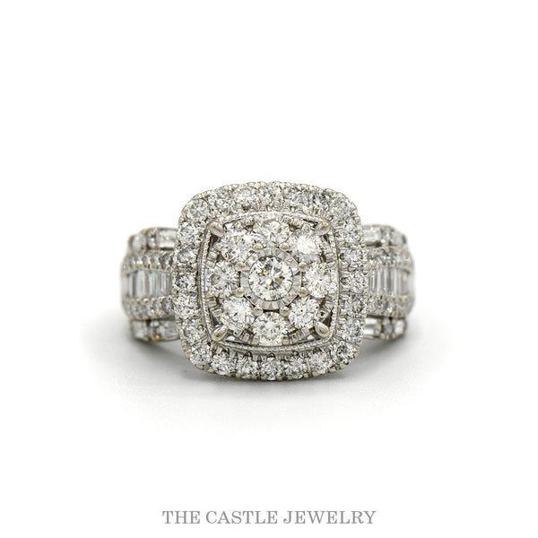 Cushion shaped halo cluster engagement ring, 2cttw, with baguette and round diamond sides in 10k white gold — top view
