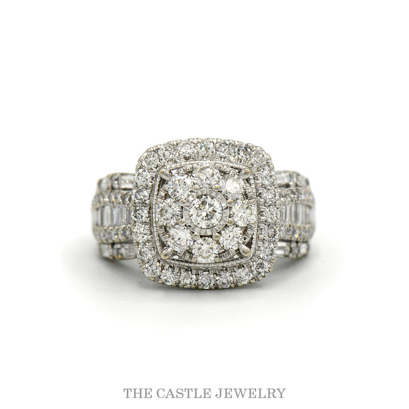 Cushion shaped halo cluster engagement ring, 2cttw, with baguette and round diamond sides in 10k white gold — top view