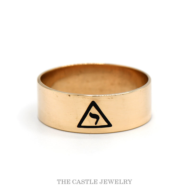 Men's 14th degree Scottish Rite Masonic 8mm band with enamel yod in 10k yellow gold — front view