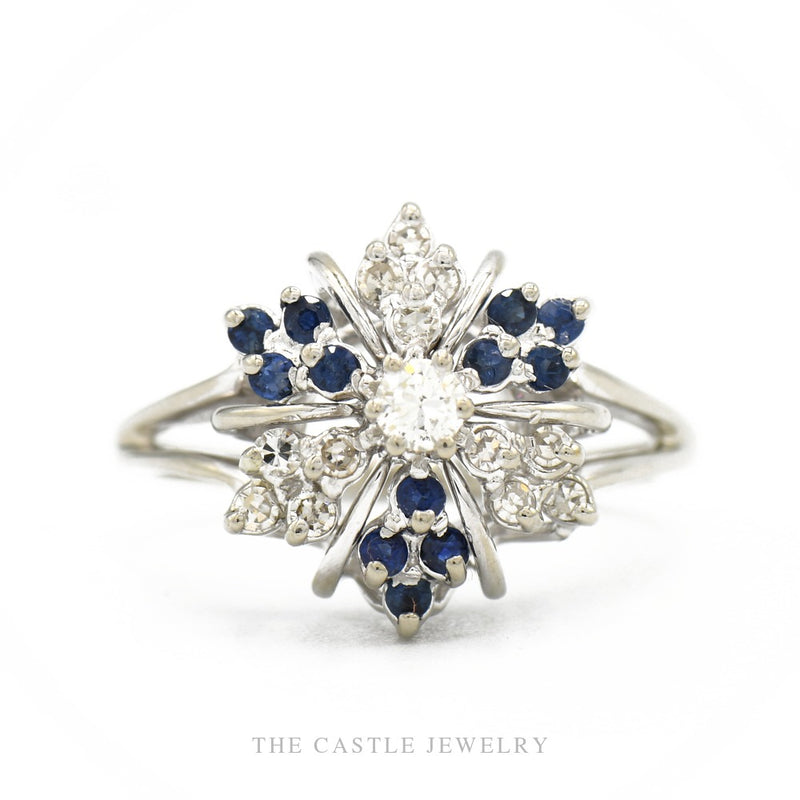 14k white gold vintage sapphire and diamond snowflake cluster ring — top view