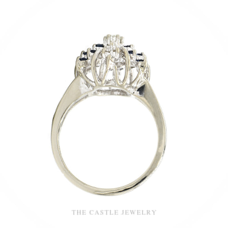 Front-facing view of the 14k white gold sapphire and diamond snowflake cluster ring
