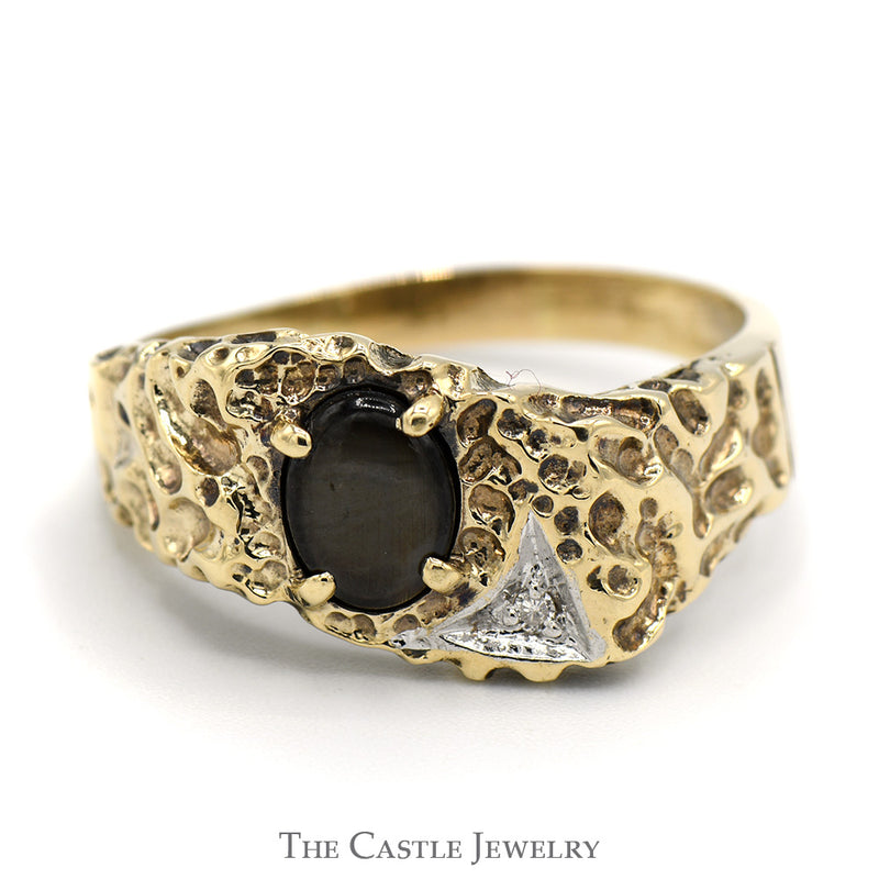 Oval Black Star Stone Ring with Diamond Accent in 10k Yellow Gold Nugget Mounting