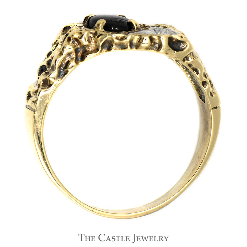 Oval Black Star Stone Ring with Diamond Accent in 10k Yellow Gold Nugget Mounting
