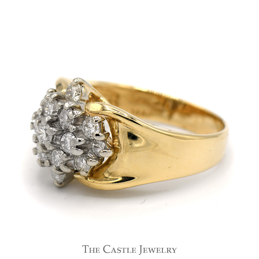 Diamond Flower Cluster Ring in 10k Yellow Gold Wide Cathedral Mounting