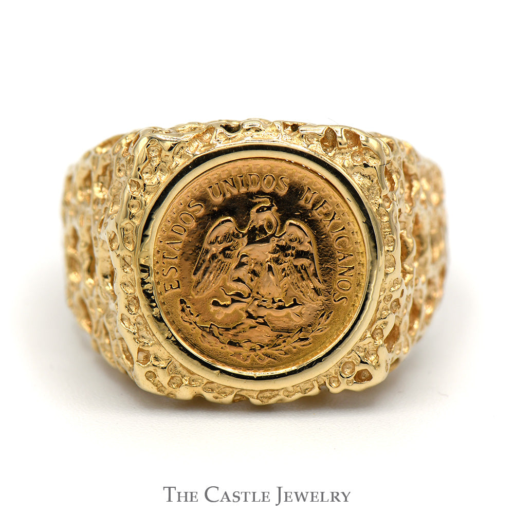 Dos Pesos Mexican Coin Ring in Open Style Nugget Designed Mounting