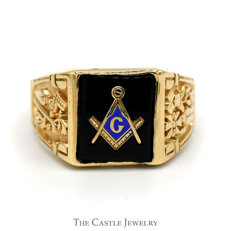 Square & Compass Black Onyx Masonic Ring with Blue Enamel Detail and Plumb & Trowel Sides in 10k Yellow Gold